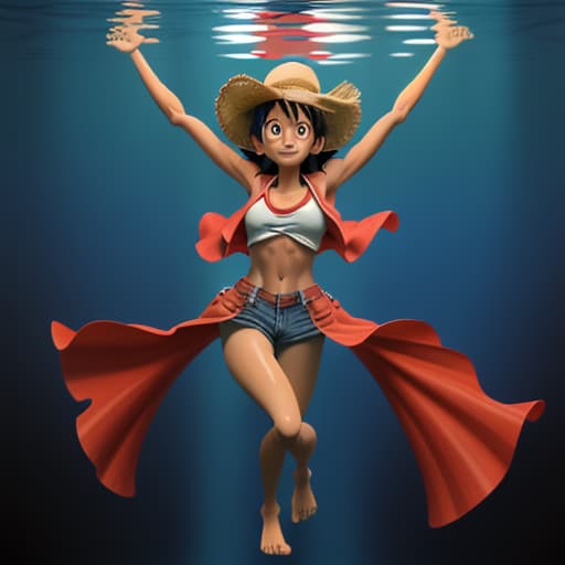  tanned Luffy in red vest and blue strings walking underwater his legs are giant her arms are reach up view from the back