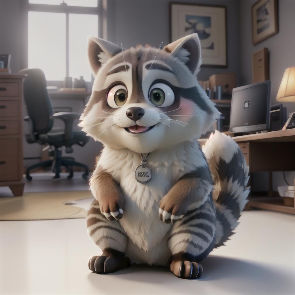  raccoon sitting in gaming chair front a computer on desktop, ((semi anthropomorphic)),(full body), tail, belly, sitting, fat, (chubby), (((white background))), solo, desktop, gaming chair, side view,  [[[clothes]]] hyperrealistic, full body, detailed clothing, highly detailed, cinematic lighting, stunningly beautiful, intricate, sharp focus, f/1. 8, 85mm, (centered image composition), (professionally color graded), ((bright soft diffused light)), volumetric fog, trending on instagram, trending on tumblr, HDR 4K, 8K