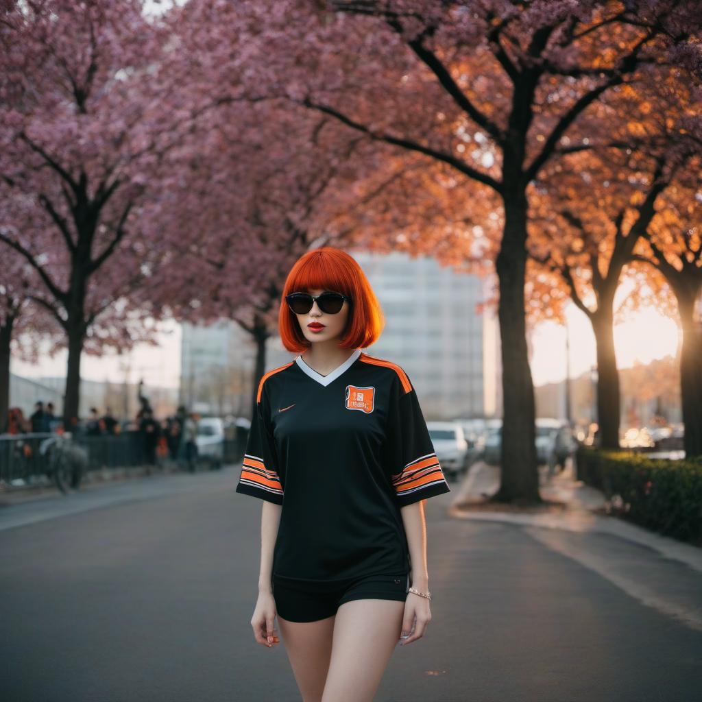  cinematic photo Red headed girl with a short wig, always walks in square frames with black rims and orange lenses. Wears an oversized black football jersey with a cigarette in hand. . 35mm photograph, film, bokeh, professional, 4k, highly detailed hyperrealistic, full body, detailed clothing, highly detailed, cinematic lighting, stunningly beautiful, intricate, sharp focus, f/1. 8, 85mm, (centered image composition), (professionally color graded), ((bright soft diffused light)), volumetric fog, trending on instagram, trending on tumblr, HDR 4K, 8K