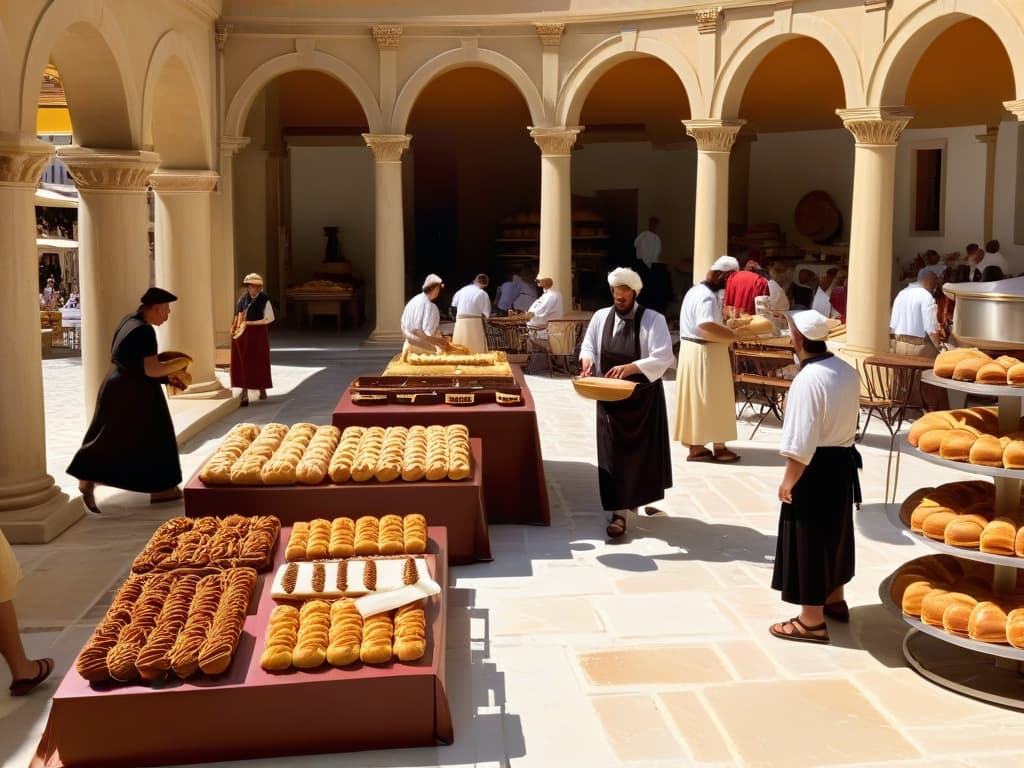  A detailed and photorealistic image of an ancient Greek and Roman bakery bustling with activity, with bakers shaping and baking various sweet treats like honey cakes, pastries, and fruit tarts. The scene is set in a sunlit courtyard with marble columns in the background, showcasing a plethora of delicacies on wooden counters while customers, dressed in traditional attire, eagerly make their selections. The attention to historical accuracy includes authentic utensils, ovens, and ingredients typical of that era, immersing the viewer in the culinary world of ancient Greece and Rome. hyperrealistic, full body, detailed clothing, highly detailed, cinematic lighting, stunningly beautiful, intricate, sharp focus, f/1. 8, 85mm, (centered image composition), (professionally color graded), ((bright soft diffused light)), volumetric fog, trending on instagram, trending on tumblr, HDR 4K, 8K