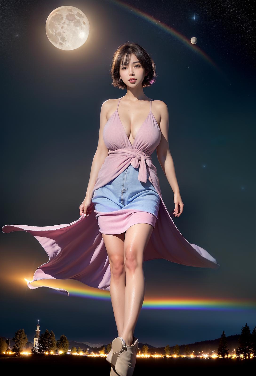  Highest quality, 4K, high resolution, realistic, night sky, moon, star, beautiful woman, full time smile, big eyes, plump breasts, constricted waist, style outstanding ankle, wide landscape photo, berry short Hair, light pink hair, (seen from below, the sky is above, and the open field is below), (full moon: 1.2), (meteor: 0.9), ((meteor: 0.9), (meteor: 0.9) Nebula: 1.3), distant mountains, trees destroy art, (warm light: 1.2), (fireflies: 1.2), Light, purple and orange, complex details, volumetric lighting break (masterpiece: 1.2), (Maximum quality), 4K, super detail, (dynamic configuration: 1.4), rich colors, (rainbow color: 1.2), (shine, lighting with atmosphere), dreamy, magic, (per person : 1.2), (Masterpiece, BestQuality:1.3), (ultr