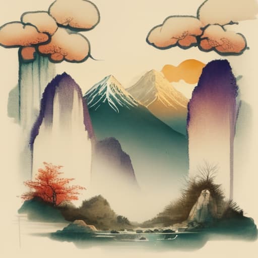  Chinese style landscape painting, mountains, rivers, clouds