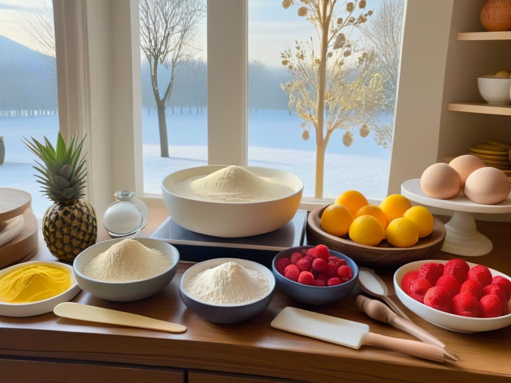  A stunning image of a pristine, organized kitchen counter filled with an array of colorful baking ingredients like flour, sugar, eggs, and vibrant fruits, alongside neatly arranged baking tools such as measuring cups, whisk, and mixing bowls. The sunlight streams in through a window, casting a warm, inviting glow on the scene, highlighting the freshness and potential of embarking on a journey into the world of online pastry certifications for beginners. hyperrealistic, full body, detailed clothing, highly detailed, cinematic lighting, stunningly beautiful, intricate, sharp focus, f/1. 8, 85mm, (centered image composition), (professionally color graded), ((bright soft diffused light)), volumetric fog, trending on instagram, trending on tumblr, HDR 4K, 8K