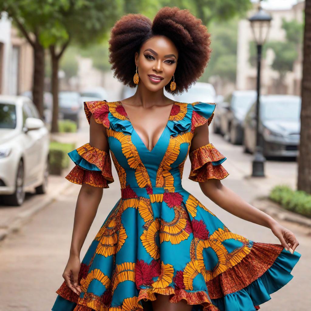  A short Ankara gown with ruffled sleeves. The gown is vibrant with traditional African prints, featuring a mix of bold colors and intricate patterns. The sleeves are elegant with multiple layers of ruffles, adding a stylish flare. The gown is knee-length, fitted at the waist, and flows slightly downwards, creating a flattering silhouette. hyperrealistic, full body, detailed clothing, highly detailed, cinematic lighting, stunningly beautiful, intricate, sharp focus, f/1. 8, 85mm, (centered image composition), (professionally color graded), ((bright soft diffused light)), volumetric fog, trending on instagram, trending on tumblr, HDR 4K, 8K