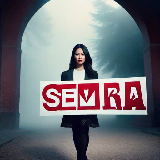  a girl holding a sign that says Semaria is the best hyperrealistic, full body, detailed clothing, highly detailed, cinematic lighting, stunningly beautiful, intricate, sharp focus, f/1. 8, 85mm, (centered image composition), (professionally color graded), ((bright soft diffused light)), volumetric fog, trending on instagram, trending on tumblr, HDR 4K, 8K