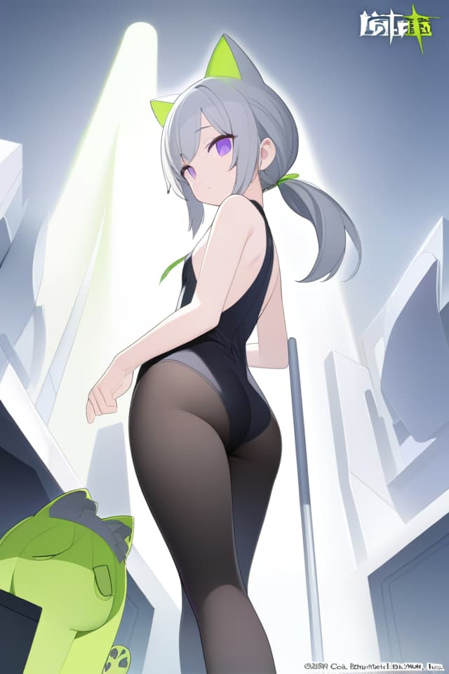  (Silver Color Low Ponytail: 1.2), BREAK, ((Cats Ear: 1.2, Put A Big Green Color Ribbon on The Head: 1.4)), (Purple Eyes, JITOME: 1.4) ((Black ONE PIECE: 1.6), BLACK TIGHTS, FROM BELOW, LOOKING BACK, (Absurdres, masterpieces, ultimate quality), official art, aesthetic, (diffusion lighting, environmental lighting), detailed skin textures, best shadows, Very detailed, colorful, 8K Wallpaper, Raw Photoristic Detailed, Dutch Angle, 💩, 💩,