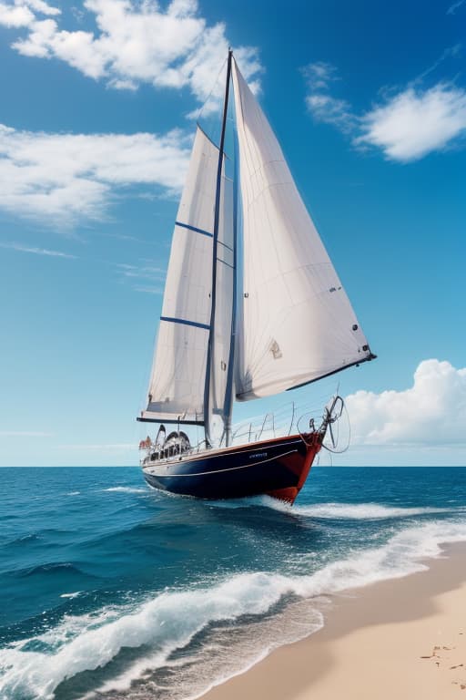  Request for a beautiful image of a boat sailing calmly on a vast, blue ocean with sunny skies above.