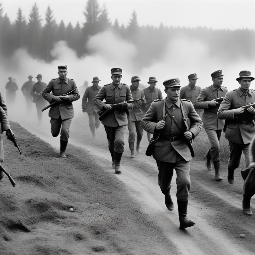  Military chronicles running into the attack by Soviet infantry during the Great Patriotic War Black and White