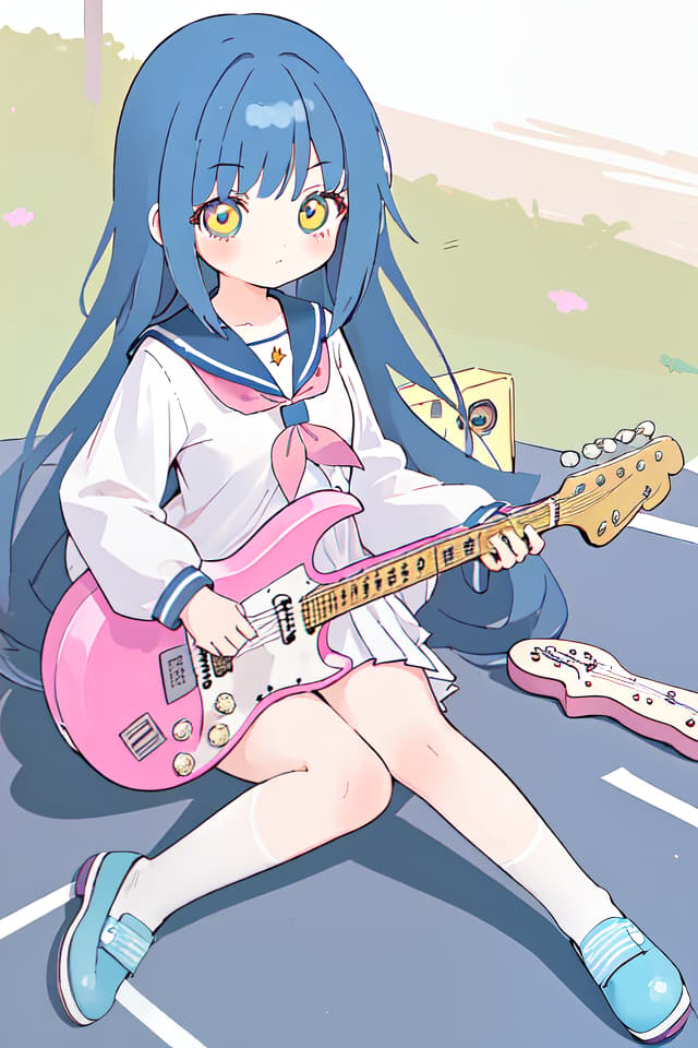  High school girl, mini character, cute, electric guitar, long hair, hanging, sitting on the ground, sailor suit, electric guitar, two heads