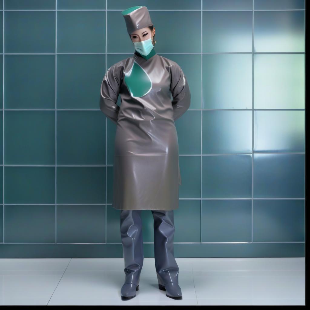  (Extremely detailed), (a standing alone female surgeon) in (shiny latex: 1.2) (dark green: 1.3) and (dark blue: 1.3), (tall: 1.2), (from the front: 1.2), (full frontal: 1.2), stands alone in a changing room of the waiting area in the hospital next to a tile wall, no one else is there. • Detailed description: (colors and details of the surgeon's suit, available in a two color version: • shiny latex • dark green and dark blue, • no other colors are available). • Surgical outfit: (shiny latex surgeon's gown) (worn in front to back, fastens in the back with straps and ties along the entire length of the surgeon's gown) A designer surgical gown that is knee length, with an elastic waistband, made of (two tone shiny latex dark green a hyperrealistic, full body, detailed clothing, highly detailed, cinematic lighting, stunningly beautiful, intricate, sharp focus, f/1. 8, 85mm, (centered image composition), (professionally color graded), ((bright soft diffused light)), volumetric fog, trending on instagram, trending on tumblr, HDR 4K, 8K