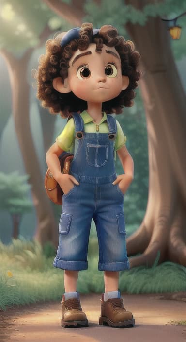  {The tree shining brightly and releasing a gentle, magical light., Riley, a curious with big brown eyes and curly hair, wearing overalls and carrying a small backpack. Their friend, Skye, a bluebird with shiny feathers.