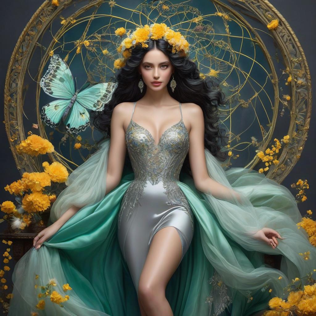  Elaborate body parts, high detail, high processing. Proper hand imaging. A very pretty girl in a fitted silver dress that is narrow at the top but widens at the bottom. Feronniere. Flying ball gown, lightweight. Silk satin dress. A tiara on her forehead, wavy black hair, clear gray eyes. In the eyes of wisdom, beauty, nobility. Alfonso Mucha, Honoré Fargonard. A ball of black thread, the threads are scattered. Dark gray background.A masterpiece. Frosty morning.Digital art. Rakhat lukum. Sweetness. Rahat lukum with nuts, yellow, blue, green, red. Rahat lukum sprinkled with powdered sugar. Baklava. Masterpiece. Blue and emerald butterfly, yellow dots on the wings. Blue sky in the background. A masterpiece. Dreamcatcher, gilding, inside the d hyperrealistic, full body, detailed clothing, highly detailed, cinematic lighting, stunningly beautiful, intricate, sharp focus, f/1. 8, 85mm, (centered image composition), (professionally color graded), ((bright soft diffused light)), volumetric fog, trending on instagram, trending on tumblr, HDR 4K, 8K