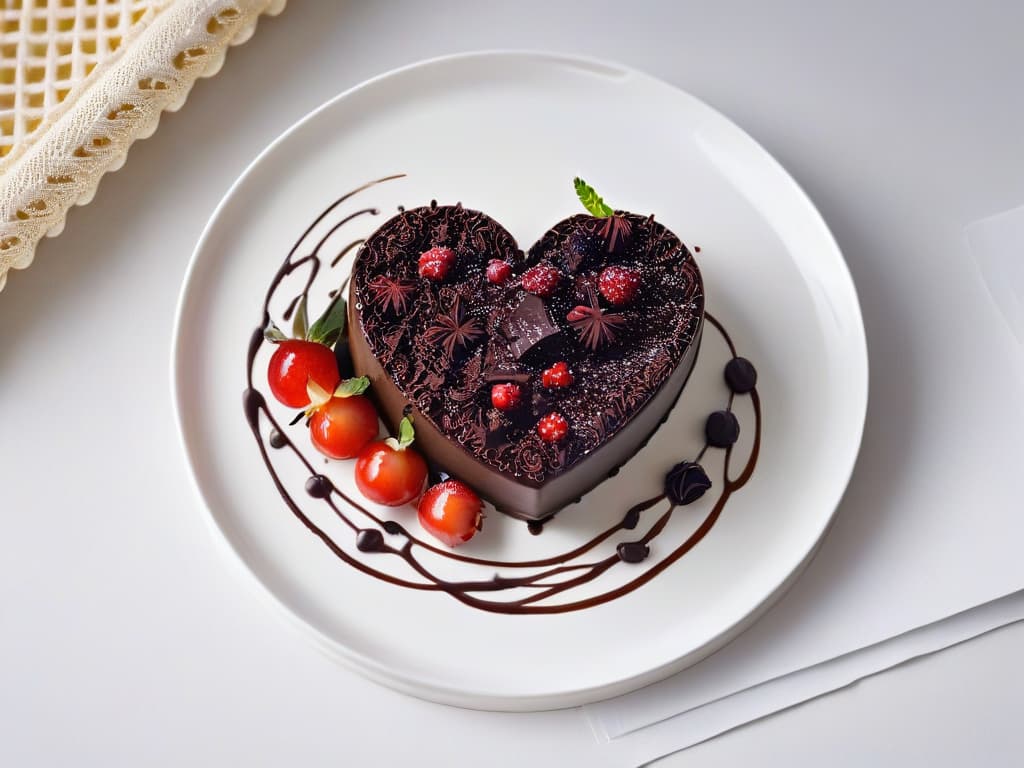  A minimalistic image of a heartshaped dessert plate elegantly decorated with swirls of chocolate sauce, fresh red berries, and delicate mint leaves, set against a clean, white background. The dessert exudes a sense of romance and sophistication, inviting the viewer to indulge in the sweet flavors and elegant presentation characteristic of romantic comedies. hyperrealistic, full body, detailed clothing, highly detailed, cinematic lighting, stunningly beautiful, intricate, sharp focus, f/1. 8, 85mm, (centered image composition), (professionally color graded), ((bright soft diffused light)), volumetric fog, trending on instagram, trending on tumblr, HDR 4K, 8K