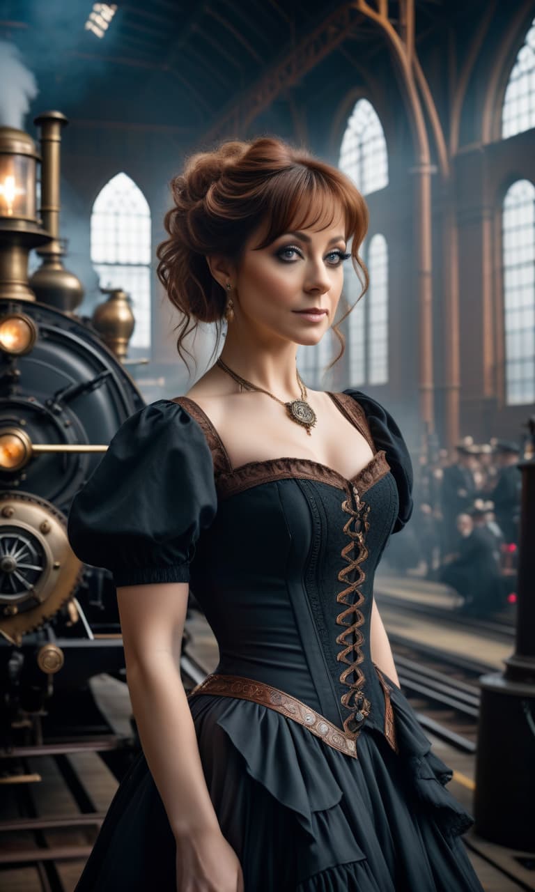  cinematic film still The most detailed steampunk image, close up of Lindsey Stirling in a dark puffy dress with a short skirt, flounces and ruffles, Victorian style, stands in a colossal hangar against the background of a huge steam locomotive, people in Tudor clothes, a complex image, a masterpiece, maximum detail, the most detailed face, the main emphasis on the face, the most clearly drawn eyes, slender figure, beautiful legs, photorealism, image in the style of Daniel F. Gerhartz and Eugene de Blaas, the most realistic image . shallow depth of field, vignette, highly detailed, high budget, bokeh, cinemascope, moody, epic, gorgeous, film grain, grainy hyperrealistic, full body, detailed clothing, highly detailed, cinematic lighting, stunningly beautiful, intricate, sharp focus, f/1. 8, 85mm, (centered image composition), (professionally color graded), ((bright soft diffused light)), volumetric fog, trending on instagram, trending on tumblr, HDR 4K, 8K