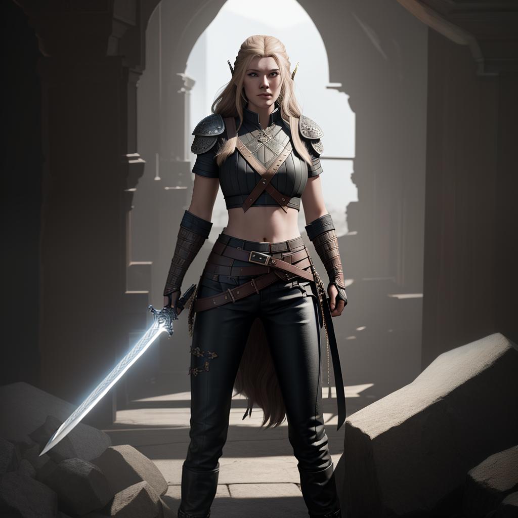  masterpiece, best quality, beautiful viking with sword in her hands, no , in black leather pants, epic, epic lighting, trending on artstation, concept art, detailed, octane render cinematic, 8k, high detailed