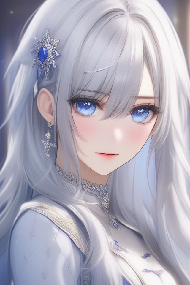  (Forehead Showing) (Hair Parted in Center with Bangs) (Hair Parted In Center with Bangs) Female, Masterpiece, Blue Eye Color, Beautiful Silver Hair Parted in Center) SAINTLY ATTIRE, High Quality, 8k