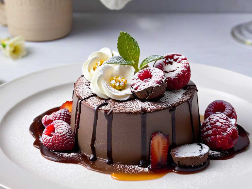  A closeup, ultradetailed photograph of a perfectly plated dessert on a sleek white plate. The dessert is a decadent chocolate lava cake topped with a quenelle of creamy vanilla ice cream, drizzled with a rich raspberry coulis, and garnished with fresh mint leaves and delicate edible flowers. The dessert is placed on a marble countertop with subtle soft lighting that highlights the glossy textures and vibrant colors of the dessert components. hyperrealistic, full body, detailed clothing, highly detailed, cinematic lighting, stunningly beautiful, intricate, sharp focus, f/1. 8, 85mm, (centered image composition), (professionally color graded), ((bright soft diffused light)), volumetric fog, trending on instagram, trending on tumblr, HDR 4K, 8K