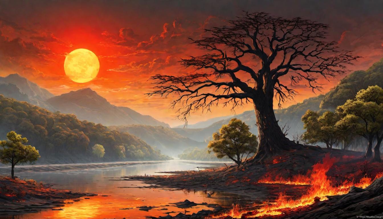  digital illustration Scorched earth and withered trees under a blazing sun, contrasting with a dying river, illustrating climate change and resource depletion, devastating, urgent looking at viewer, dynamic pose, (intricate details, masterpiece, best quality)