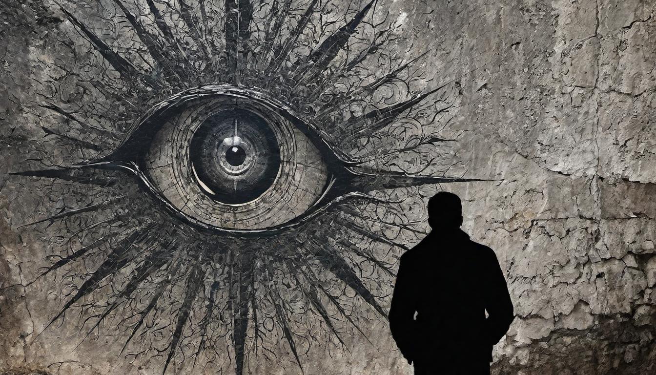  （surrealism)A silhouetted figure with an outstretched hand, in the background, a wall with large eye symbols watching intensely, importance of awareness, protective atmosphere, vigilant stance mystic, intricate details, best quality)