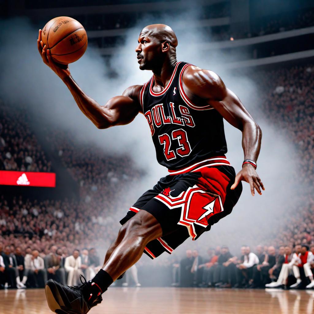  Generate a DTG PNG print of Michael Jordan shooting a three-pointer. hyperrealistic, full body, detailed clothing, highly detailed, cinematic lighting, stunningly beautiful, intricate, sharp focus, f/1. 8, 85mm, (centered image composition), (professionally color graded), ((bright soft diffused light)), volumetric fog, trending on instagram, trending on tumblr, HDR 4K, 8K