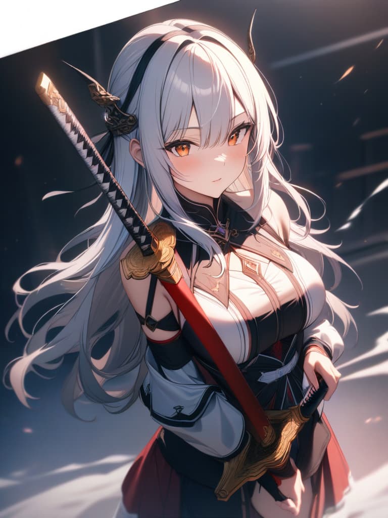  1girl,solo,long hair,thighhighs,holding,weapon,white hair,sword,holding weapon,headgear,holding sword,katana,sheath,sheathed,fake screenshot,unsheathing, masterpiece, best quality,8k,ultra detailed,high resolution,an extremely delicate and beautiful,hyper detail hyperrealistic, full body, detailed clothing, highly detailed, cinematic lighting, stunningly beautiful, intricate, sharp focus, f/1. 8, 85mm, (centered image composition), (professionally color graded), ((bright soft diffused light)), volumetric fog, trending on instagram, trending on tumblr, HDR 4K, 8K