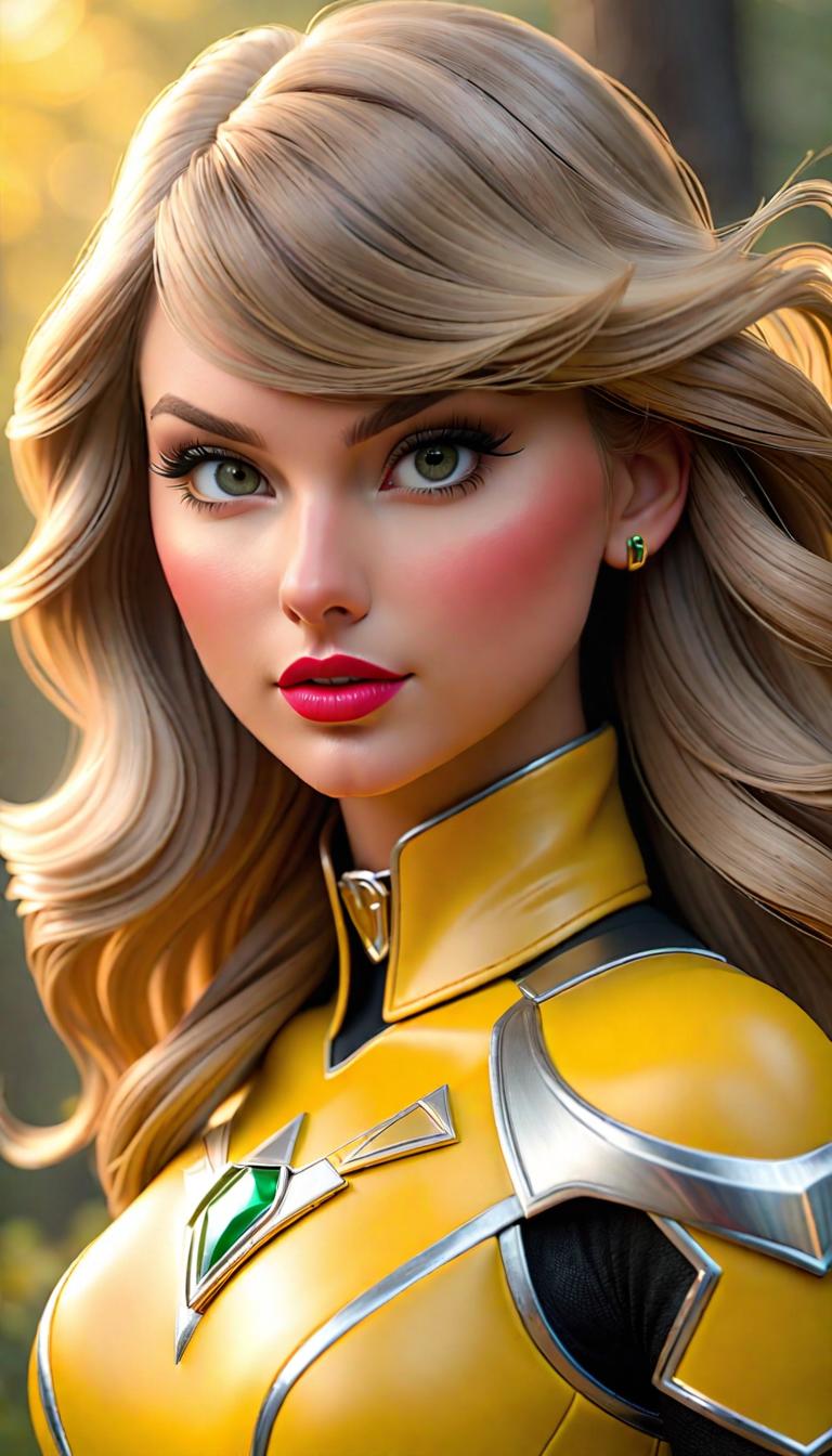  Professional 3D model of Taylor Swift as a Yellow Power Ranger . Rendered with Octane, the model is highly detailed,dramatic lighting. hyperrealistic, full body, detailed clothing, highly detailed, cinematic lighting, stunningly beautiful, intricate, sharp focus, f/1. 8, 85mm, (centered image composition), (professionally color graded), ((bright soft diffused light)), volumetric fog, trending on instagram, trending on tumblr, HDR 4K, 8K