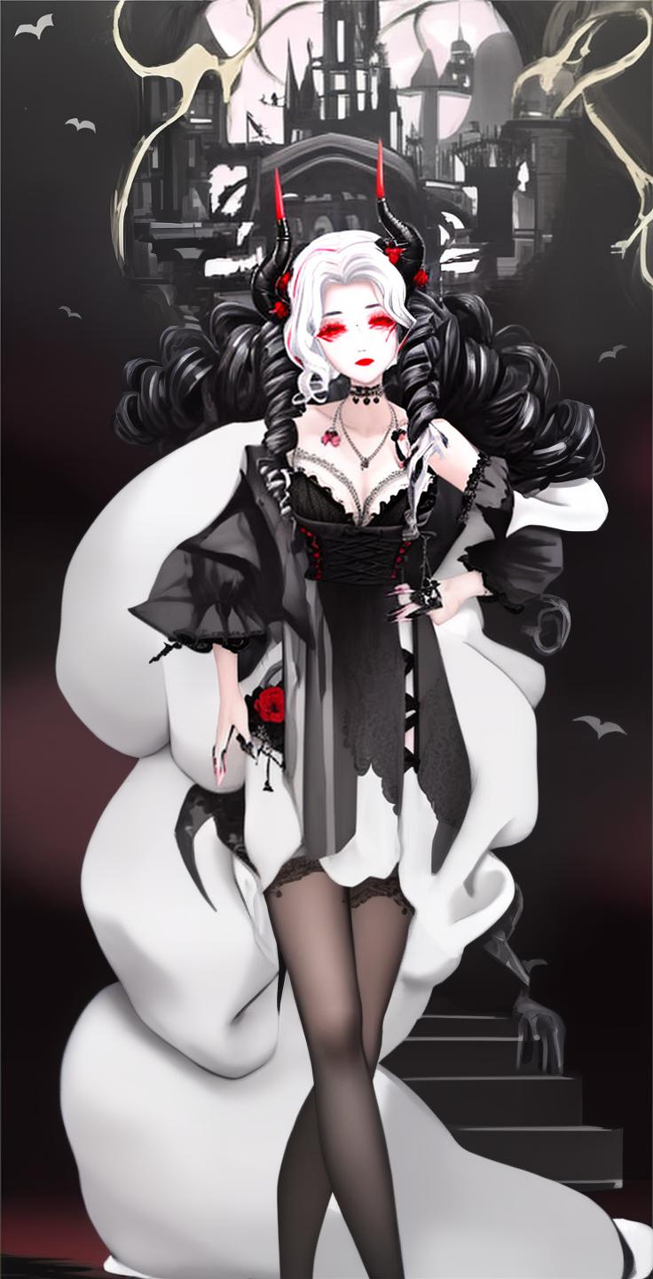  masterpiece, best quality, Mature women.female,queen,goddess,vampire,devil pupils,lipstick,long hair,white hair,curly hair,wavy hair,drill hair,glowing hair,hair ornament,ring,jewelry,necklace,lucency full dress,gothic,high heels,sock dangle,demon horns,standing,look at viewer,night,longeyelashes,mole under eye,expressionless,lace trim,nail polish,lolita fashion,pointy footwear,stockings,feathered wings