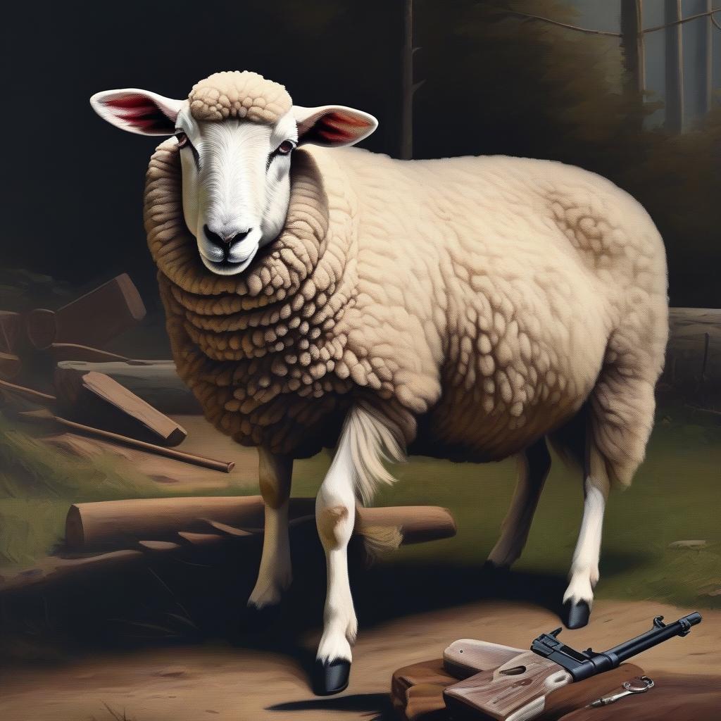  a sheep pulling out a gun, ((masterpiece)), best quality, very detailed, high resolution, sharp, sharp image, extremely detailed, 4k, 8k