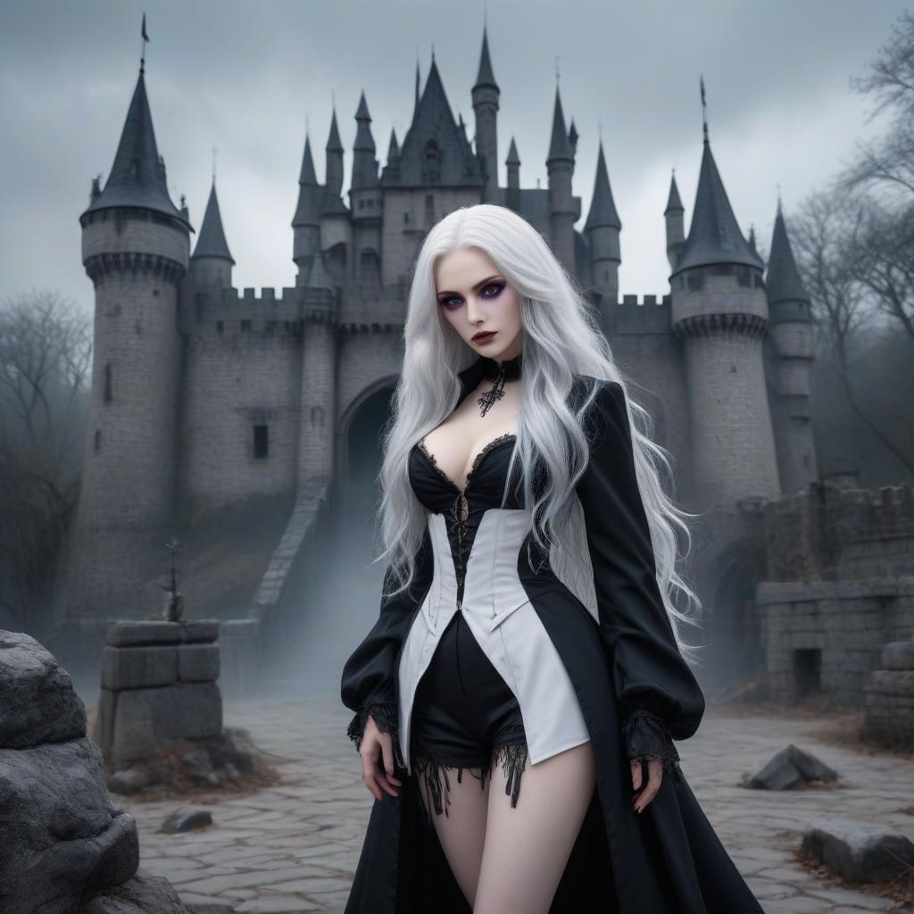  A , a witch, white hair, long hair, straight hair, black hair tips, magic, body in cracks, face in cracks, black , black eyes, human, pale skin, gray eyes, vampire, transition of hair from white to black, purple tentacles, Gothic castle, ball, white liner under the eyes. hyperrealistic, full body, detailed clothing, highly detailed, cinematic lighting, stunningly beautiful, intricate, sharp focus, f/1. 8, 85mm, (centered image composition), (professionally color graded), ((bright soft diffused light)), volumetric fog, trending on instagram, trending on tumblr, HDR 4K, 8K