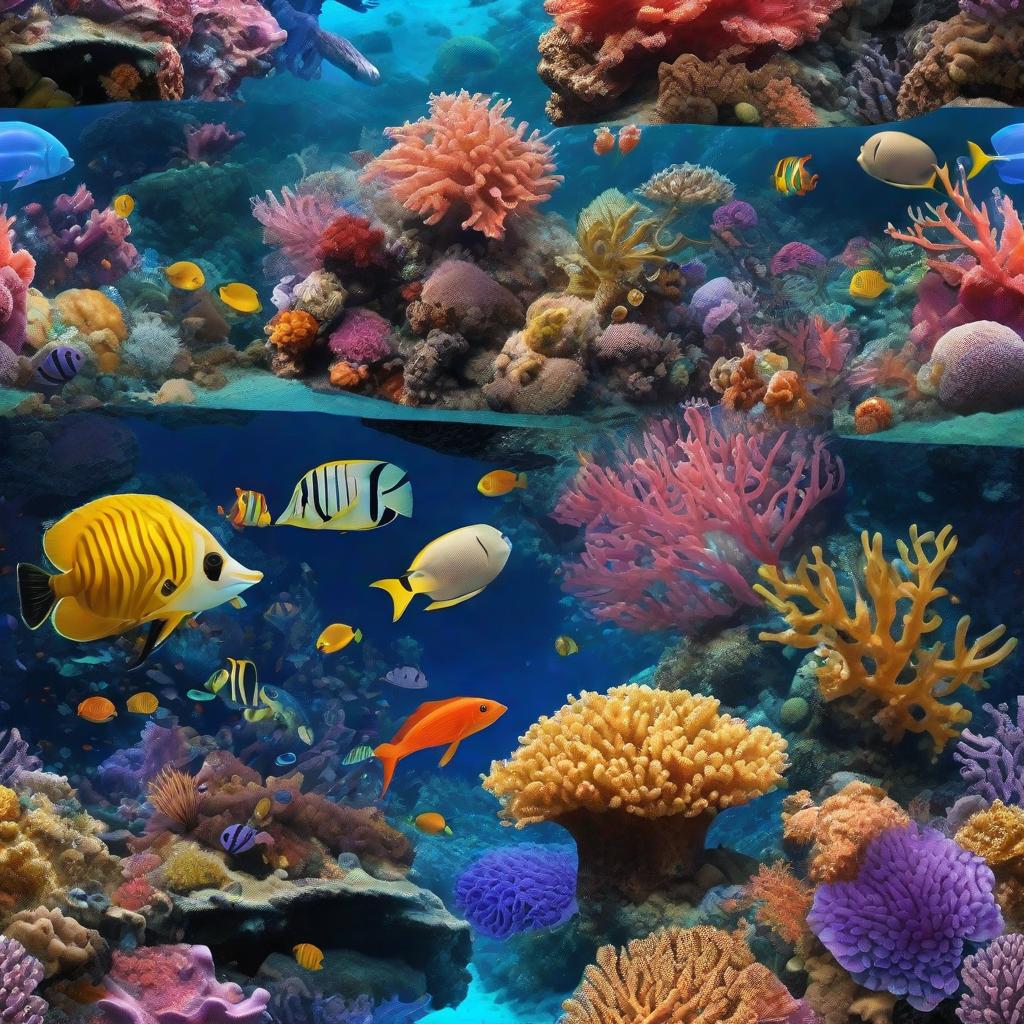  masterpiece, best quality, beautiful deep sea full of corals, diverse marine life and fascinating underwater landscapes with corals, appendages, small fish, anemones, dolphins, various algae, caves, colorful, 8k resolution and intricate detail