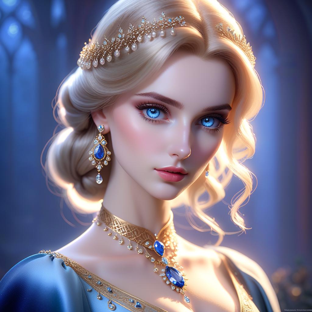  ethereal fantasy concept art of (The beauty) with a nut colored tool reaching to her and very sad blue eyes. Her face had etched features, curved eyebrows and a pale, porcelain like skin. Her ears were quite small, neat, and rounded tips. Her dress was smart, tailored to the latest fashion: silk shorts in the color of early dawn, a cashmere cape embellished with gold, with a cushion attached. Her pale wrists held shimmering celets, and her delicate neck was adorned with a necklace made to look like frozen droplets of dew. The beauty approached closer, and the puppy instinctively lay down. He saw how sapphire colored shoes with turned up noses were standing right in front of his snout. . magnificent, celestial, etherea hyperrealistic, full body, detailed clothing, highly detailed, cinematic lighting, stunningly beautiful, intricate, sharp focus, f/1. 8, 85mm, (centered image composition), (professionally color graded), ((bright soft diffused light)), volumetric fog, trending on instagram, trending on tumblr, HDR 4K, 8K