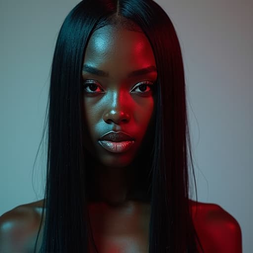  upper body, (facing the camera directly), beautiful (21yo) african woman, (straight hair), (cyberpunk)