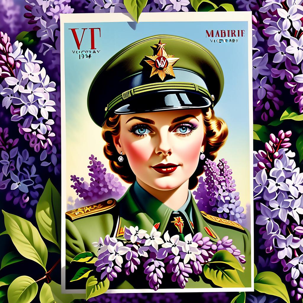  Advertising poster style Victory Day, postcard,covert,letter,salute,lilacs,1945 May,spring. . Professional, modern, product focused, commercial, eye catching, highly detailed hyperrealistic, full body, detailed clothing, highly detailed, cinematic lighting, stunningly beautiful, intricate, sharp focus, f/1. 8, 85mm, (centered image composition), (professionally color graded), ((bright soft diffused light)), volumetric fog, trending on instagram, trending on tumblr, HDR 4K, 8K