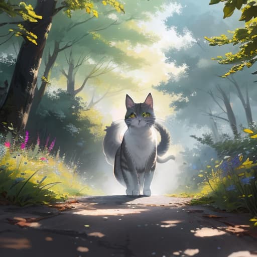  A small, fluffy grey cat playing with a colorful scribbled drawings on the ground, surrounded by green leaves and a bright sunny sky, best quality, very detailed, high resolution, sharp, sharp image hyperrealistic, full body, detailed clothing, highly detailed, cinematic lighting, stunningly beautiful, intricate, sharp focus, f/1. 8, 85mm, (centered image composition), (professionally color graded), ((bright soft diffused light)), volumetric fog, trending on instagram, trending on tumblr, HDR 4K, 8K