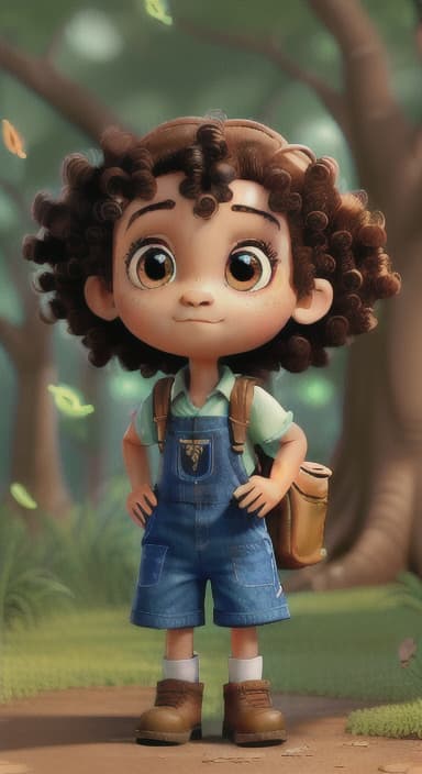  {The tree with a twinkling eye, while its leaves gently rustle., Riley, a curious with big brown eyes and curly hair, wearing overalls and carrying a small backpack. Their friend, Skye, a bluebird with shiny feathers.