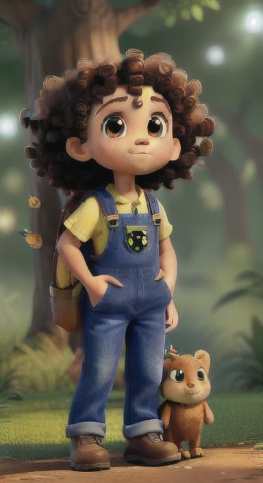  {The tree with a twinkling eye, while its leaves gently rustle., Riley, a curious with big brown eyes and curly hair, wearing overalls and carrying a small backpack. Their friend, Skye, a bluebird with shiny feathers.