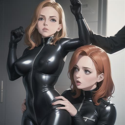  Agent scully from x files in a bondage scene, full catsuit, mouth gagged, Hands cuffed
