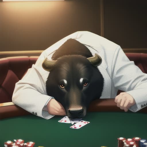  bull sitting at a poker table holding poker cards, realistic, realism