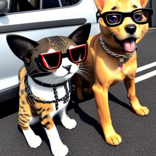  Un Dog y un Cat con lentes negro y cadenas de oro manejado un carro de jugué de niño tamaño mediano