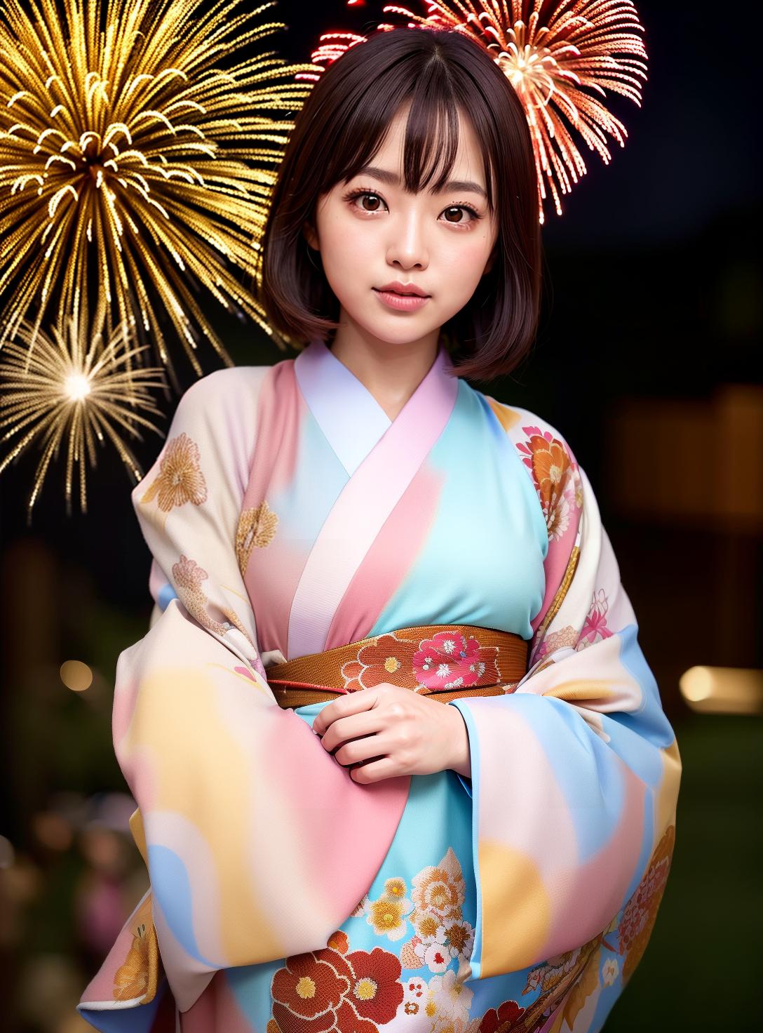  Wearing a kimono in the fireworks display at night in Japan, the cutest , plump narrowed waist big eyes big Bob Heal Light brown colored hair, (Masterpiece, BestQuality:1.3), (ultra detailed:1.2), (hyperrealistic:1.3), (RAW photo:1.2),High detail RAW color photo, professional photograph, (Photorealistic:1.4), (realistic:1.4), ,professional lighting, (japanese), beautiful face, (realistic face)