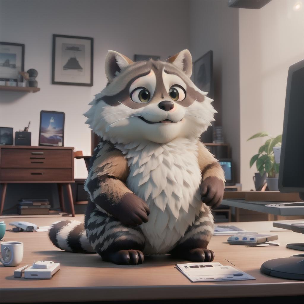  raccoon sitting in gaming chair front a computer on desktop, ((semi anthropomorphic)),(full body), tail, belly, sitting, fat, (chubby), (((white background))), solo, desktop, gaming chair, side view,  [[[clothes]]] hyperrealistic, full body, detailed clothing, highly detailed, cinematic lighting, stunningly beautiful, intricate, sharp focus, f/1. 8, 85mm, (centered image composition), (professionally color graded), ((bright soft diffused light)), volumetric fog, trending on instagram, trending on tumblr, HDR 4K, 8K