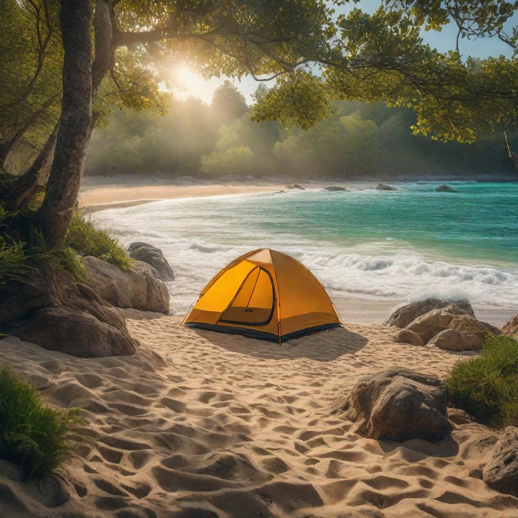  Noon, a beautiful well-groomed beach with small shells, located in the forest, a short wide wooden pier goes into the sea, a bonfire and a wide green camping tent on the shore, dolphins swim in the distance, a beautiful landscape hyperrealistic, full body, detailed clothing, highly detailed, cinematic lighting, stunningly beautiful, intricate, sharp focus, f/1. 8, 85mm, (centered image composition), (professionally color graded), ((bright soft diffused light)), volumetric fog, trending on instagram, trending on tumblr, HDR 4K, 8K