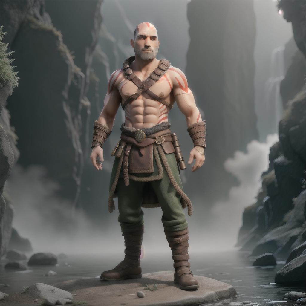  God of war hyperrealistic, full body, detailed clothing, highly detailed, cinematic lighting, stunningly beautiful, intricate, sharp focus, f/1. 8, 85mm, (centered image composition), (professionally color graded), ((bright soft diffused light)), volumetric fog, trending on instagram, trending on tumblr, HDR 4K, 8K