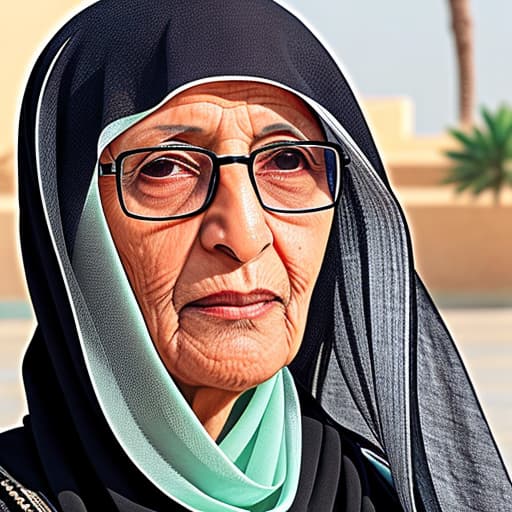  Generate an image of an Arabian grandmother from Jeddah, Saudi Arabia, wearing Hijab and glasses. The photo should capture her from the front, highlighting her traditional attire and reflecting the cultural essence of the Hijaz region.