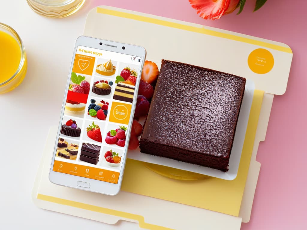  An ultradetailed image of a sleek, modern smartphone displaying a vibrant array of colorful, allergenfree dessert recipes on its screen. The background is a soft, neutral tone to emphasize the vivid hues of the desserts, ranging from rich chocolate cakes to delicate fruit tarts. Each recipe is beautifully styled and garnished, appealing to the eye with intricate details like edible flowers and dustings of powdered sugar. The screen is pristine and the image exudes a sense of sophistication and innovation, perfectly complementing the professional and inspiring tone of the article. hyperrealistic, full body, detailed clothing, highly detailed, cinematic lighting, stunningly beautiful, intricate, sharp focus, f/1. 8, 85mm, (centered image composition), (professionally color graded), ((bright soft diffused light)), volumetric fog, trending on instagram, trending on tumblr, HDR 4K, 8K