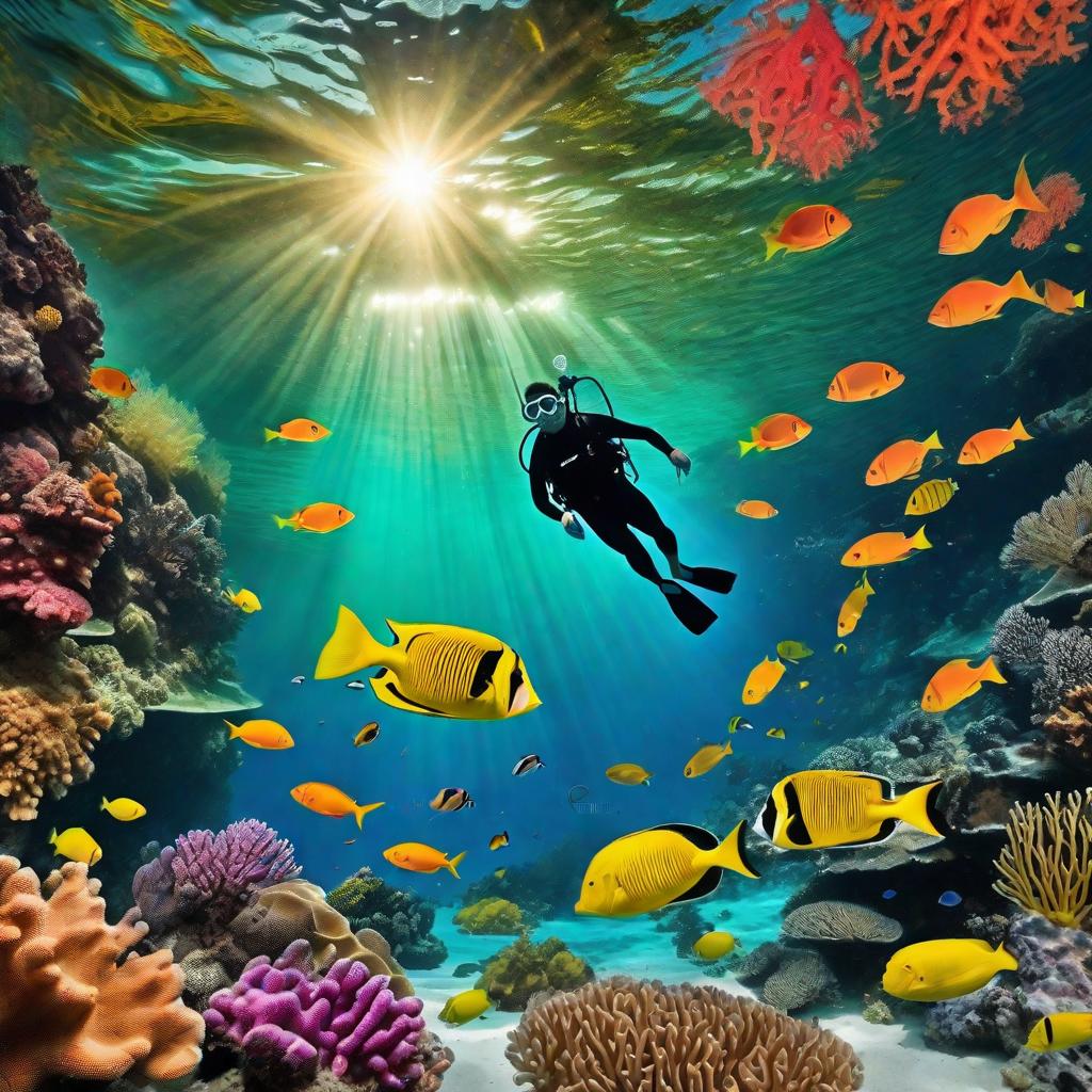  masterpiece, best quality, An AI-generated composite image that seamlessly merges the vibrant underwater world of the Andaman Sea with the lush tropical landscape of the islands. The image could feature a diver gracefully swimming amidst a kaleidoscope of colorful coral reefs and tropical fish, with the golden rays of the sun streaming through the crystal-clear water. In the background, silhouettes of palm trees sway gently against the backdrop of a stunning sunset over the horizon, casting a warm glow over the entire scene. This AI-crafted visual masterpiece would capture the essence of adventure, exploration, and natural beauty that defines the Andaman and Nicobar Islands, enticing readers to immerse themselves in the wonders of this trop