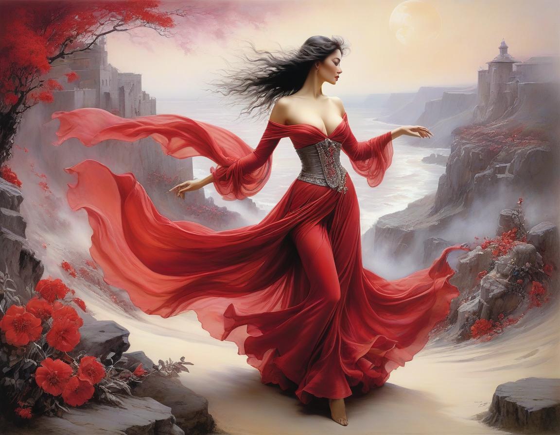  surrealist art depict an spanish woman, dancing, flowing floral scarf, elegant body lining. the backdrop is an ethereal spanish dreamscape of soft tones crimson, red, off white, magenta, grey. highly detailed. magic realism. alchemy. pastels, pen, ink and wash. luis royo, joaquin sorolla, georgia o’keeffe, arthur rackham. highest quality . dreamlike, mysterious, provocative, symbolic, intricate, detailed hyperrealistic, full body, detailed clothing, highly detailed, cinematic lighting, stunningly beautiful, intricate, sharp focus, f/1. 8, 85mm, (centered image composition), (professionally color graded), ((bright soft diffused light)), volumetric fog, trending on instagram, trending on tumblr, HDR 4K, 8K