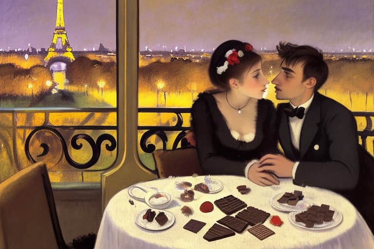  attractive young Parisian couple dressed in modern designer outfits who are romantically together in Paris. Foreground a small plate of fine dark chocolate pieces of candy on a bedside table. Background night with a lite Eiffel Tour Monument. Painting style of Edgar Degas