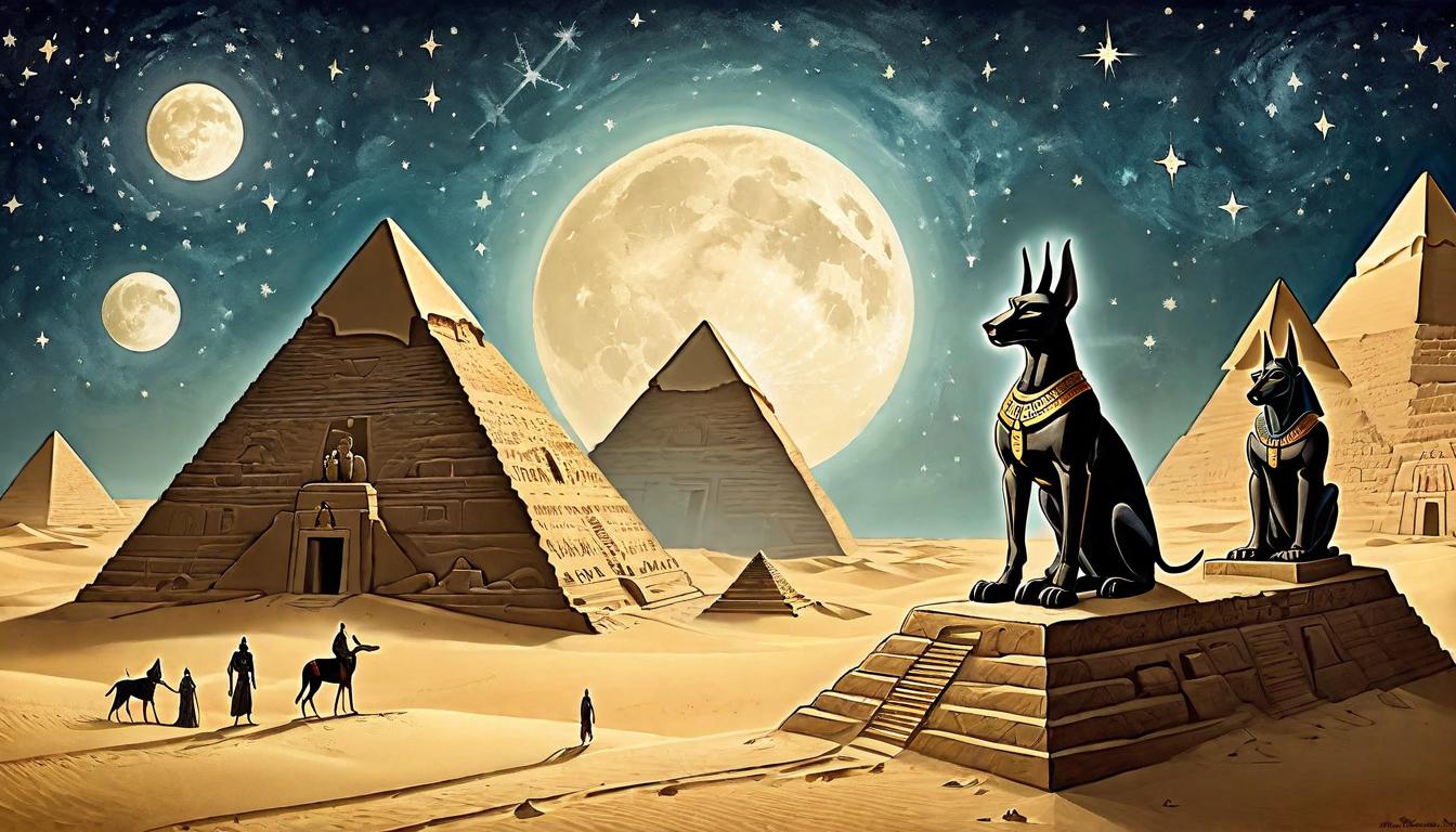  on parchment, surrealism+++, Sands of Egypt illuminated by a full moon, pyramids in the distance under a starry sky, Anubis statues flank a path leading to the underworld, timelessness, journey through the afterlife, mystical guidance, sacred guardians(mysterious, provocative, symbolic,muted color)+++