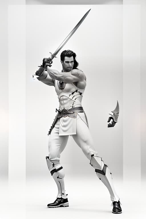  A beautiful, , muscular stands tall, waving a sword. hyperrealistic, full body, detailed clothing, highly detailed, cinematic lighting, stunningly beautiful, intricate, sharp focus, f/1. 8, 85mm, (centered image composition), (professionally color graded), ((bright soft diffused light)), volumetric fog, trending on instagram, trending on tumblr, HDR 4K, 8K